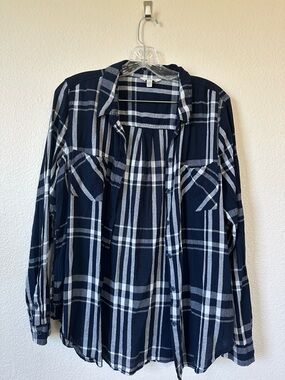 Lucky Brand Plaid Gauze Button Down Shirt Navy White Large